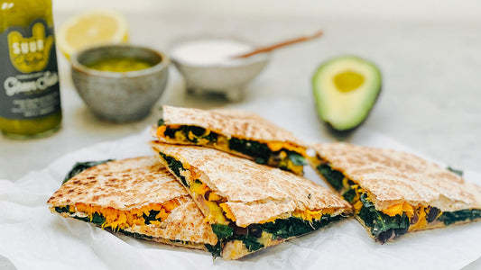 Quesadillas mit Süßkartoffel, Palmkohl  & Dips